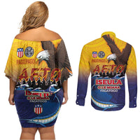 American Samoa Fautasi Couples Matching Off Shoulder Short Dress and Long Sleeve Button Shirt Bald Eage and Sailfish with Kakau Motifs - Polynesian Pride