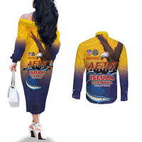 American Samoa Fautasi Couples Matching Off The Shoulder Long Sleeve Dress and Long Sleeve Button Shirt Bald Eage and Sailfish with Kakau Motifs - Polynesian Pride