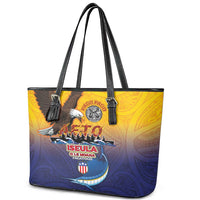 American Samoa Fautasi Leather Tote Bag Bald Eage and Sailfish with Kakau Motifs - Polynesian Pride
