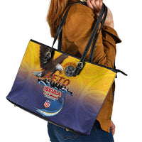 American Samoa Fautasi Leather Tote Bag Bald Eage and Sailfish with Kakau Motifs - Polynesian Pride