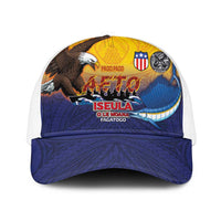 American Samoa Fautasi Mesh Trucker Cap Bald Eage and Sailfish with Kakau Motifs LT03 One Size White Yellow - Polynesian Pride