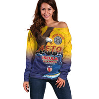 American Samoa Fautasi Off Shoulder Sweater Bald Eage and Sailfish with Kakau Motifs - Polynesian Pride