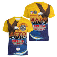 American Samoa Fautasi Women V-Neck T-Shirt Bald Eage and Sailfish with Kakau Motifs - Polynesian Pride