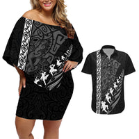 Custom New Zealand Rugby Couples Matching Off Shoulder Short Dress and Hawaiian Shirt Haka Dance Tribal God Mask Maori Pattern LT03 Black - Polynesian Pride