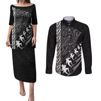 Custom New Zealand Rugby Couples Matching Puletasi Dress and Long Sleeve Button Shirts Haka Dance Tribal God Mask Maori Pattern LT03 Black - Polynesian Pride