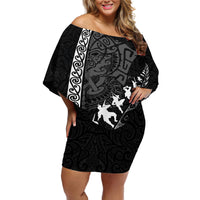 Custom New Zealand Rugby Off Shoulder Short Dress Haka Dance Tribal God Mask Maori Pattern LT03 Women Black - Polynesian Pride