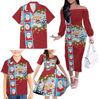 Merry Christmas Family Matching Off The Shoulder Long Sleeve Dress and Hawaiian Shirt Funny Santa Claus Cards Photo and Polynesian Pattern Red Color
