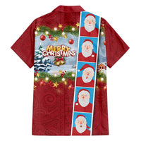 Merry Christmas Family Matching Off The Shoulder Long Sleeve Dress and Hawaiian Shirt Funny Santa Claus Cards Photo and Polynesian Pattern Red Color