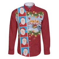 Merry Christmas Family Matching Off The Shoulder Long Sleeve Dress and Hawaiian Shirt Funny Santa Claus Cards Photo and Polynesian Pattern Red Color