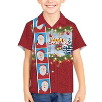 Merry Christmas Family Matching Summer Maxi Dress and Hawaiian Shirt Funny Santa Claus Cards Photo and Polynesian Pattern Red Color