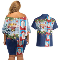 Merry Christmas Couples Matching Off Shoulder Short Dress and Hawaiian Shirt Funny Santa Claus Cards Photo and Polynesian Pattern Blue Color