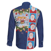 Merry Christmas Family Matching Long Sleeve Bodycon Dress and Hawaiian Shirt Funny Santa Claus Cards Photo and Polynesian Pattern Blue Color