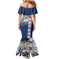 Merry Christmas Family Matching Mermaid Dress and Hawaiian Shirt Funny Santa Claus Cards Photo and Polynesian Pattern Blue Color