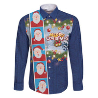 Merry Christmas Family Matching Puletasi and Hawaiian Shirt Funny Santa Claus Cards Photo and Polynesian Pattern Blue Color