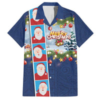 Merry Christmas Family Matching Summer Maxi Dress and Hawaiian Shirt Funny Santa Claus Cards Photo and Polynesian Pattern Blue Color
