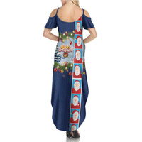 Merry Christmas Family Matching Summer Maxi Dress and Hawaiian Shirt Funny Santa Claus Cards Photo and Polynesian Pattern Blue Color