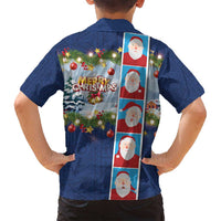 Merry Christmas Family Matching Tank Maxi Dress and Hawaiian Shirt Funny Santa Claus Cards Photo and Polynesian Pattern Blue Color