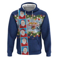 Merry Christmas Zip Hoodie Funny Santa Claus Cards Photo and Polynesian Pattern Blue Color