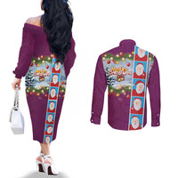Merry Christmas Couples Matching Off The Shoulder Long Sleeve Dress and Long Sleeve Button Shirt Funny Santa Claus Cards Photo and Polynesian Pattern Pink Color