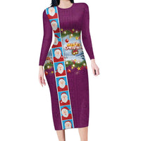 Merry Christmas Family Matching Long Sleeve Bodycon Dress and Hawaiian Shirt Funny Santa Claus Cards Photo and Polynesian Pattern Pink Color