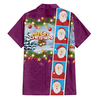 Merry Christmas Family Matching Off Shoulder Short Dress and Hawaiian Shirt Funny Santa Claus Cards Photo and Polynesian Pattern Pink Color