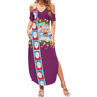 Merry Christmas Family Matching Summer Maxi Dress and Hawaiian Shirt Funny Santa Claus Cards Photo and Polynesian Pattern Pink Color