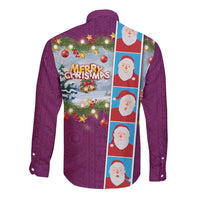 Merry Christmas Long Sleeve Button Shirt Funny Santa Claus Cards Photo and Polynesian Pattern Pink Color
