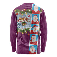 Merry Christmas Long Sleeve Shirt Funny Santa Claus Cards Photo and Polynesian Pattern Pink Color