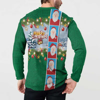 Merry Christmas Button Sweatshirt Funny Santa Claus Cards Photo and Polynesian Pattern Green Color