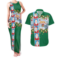 Merry Christmas Couples Matching Tank Maxi Dress and Hawaiian Shirt Funny Santa Claus Cards Photo and Polynesian Pattern Green Color