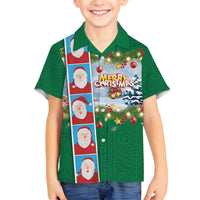 Merry Christmas Family Matching Long Sleeve Bodycon Dress and Hawaiian Shirt Funny Santa Claus Cards Photo and Polynesian Pattern Green Color