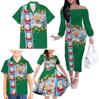 Merry Christmas Family Matching Off The Shoulder Long Sleeve Dress and Hawaiian Shirt Funny Santa Claus Cards Photo and Polynesian Pattern Green Color