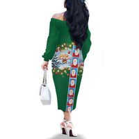 Merry Christmas Family Matching Off The Shoulder Long Sleeve Dress and Hawaiian Shirt Funny Santa Claus Cards Photo and Polynesian Pattern Green Color
