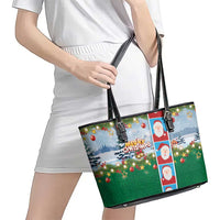 Merry Christmas Leather Tote Bag Funny Santa Claus Cards Photo and Polynesian Pattern Green Color
