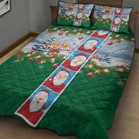 Merry Christmas Quilt Bed Set Funny Santa Claus Cards Photo and Polynesian Pattern Green Color