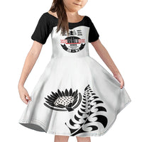 South Africa and New Zealand Family Matching Short Sleeve Bodycon Dress and Hawaiian Shirt Champion History Go Final 2023 Vintage Style LT03 Daughter's Dress White - Polynesian Pride