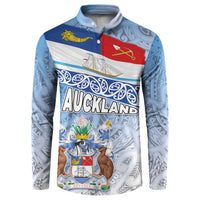 New Zealand Auckland Button Sweatshirt Auckland's Flag and Coat of Arms - Koru Art Maori Pattern