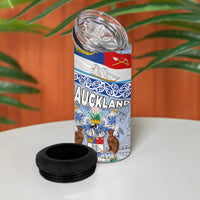 New Zealand Auckland 4 in 1 Can Cooler Tumbler Auckland's Flag and Coat of Arms - Koru Art Maori Pattern