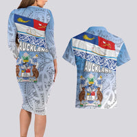 New Zealand Auckland Couples Matching Long Sleeve Bodycon Dress and Hawaiian Shirt Auckland's Flag and Coat of Arms - Koru Art Maori Pattern
