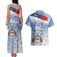 New Zealand Auckland Couples Matching Tank Maxi Dress and Hawaiian Shirt Auckland's Flag and Coat of Arms - Koru Art Maori Pattern