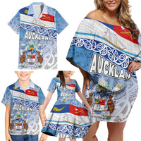 New Zealand Auckland Family Matching Off Shoulder Short Dress and Hawaiian Shirt Auckland's Flag and Coat of Arms - Koru Art Maori Pattern