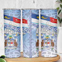 New Zealand Auckland Skinny Tumbler Auckland's Flag and Coat of Arms - Koru Art Maori Pattern