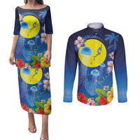 Palau Jellyfish Couples Matching Puletasi and Long Sleeve Button Shirt Ocean Heritage Tropical Plants - Polynesian Pride