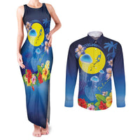 Palau Jellyfish Couples Matching Tank Maxi Dress and Long Sleeve Button Shirt Ocean Heritage Tropical Plants - Polynesian Pride