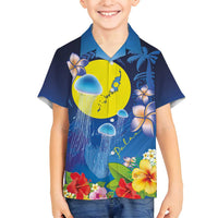 Palau Jellyfish Family Matching Long Sleeve Bodycon Dress and Hawaiian Shirt Ocean Heritage Tropical Plants - Polynesian Pride