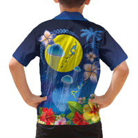 Palau Jellyfish Family Matching Off The Shoulder Long Sleeve Dress and Hawaiian Shirt Ocean Heritage Tropical Plants - Polynesian Pride