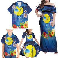Palau Jellyfish Family Matching Off Shoulder Maxi Dress and Hawaiian Shirt Ocean Heritage Tropical Plants - Polynesian Pride