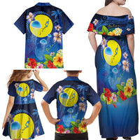 Palau Jellyfish Family Matching Off Shoulder Maxi Dress and Hawaiian Shirt Ocean Heritage Tropical Plants - Polynesian Pride