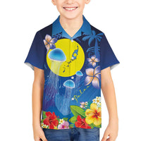 Palau Jellyfish Family Matching Short Sleeve Bodycon Dress and Hawaiian Shirt Ocean Heritage Tropical Plants - Polynesian Pride