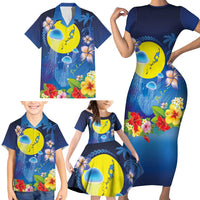 Palau Jellyfish Family Matching Short Sleeve Bodycon Dress and Hawaiian Shirt Ocean Heritage Tropical Plants - Polynesian Pride